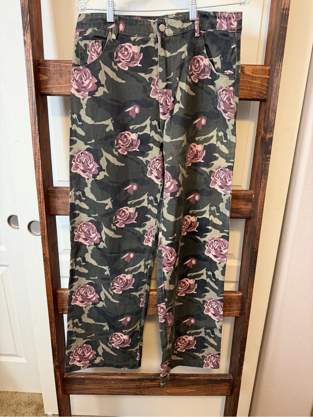 Pink Lily Olive Camo Pants with Pink Rose Print